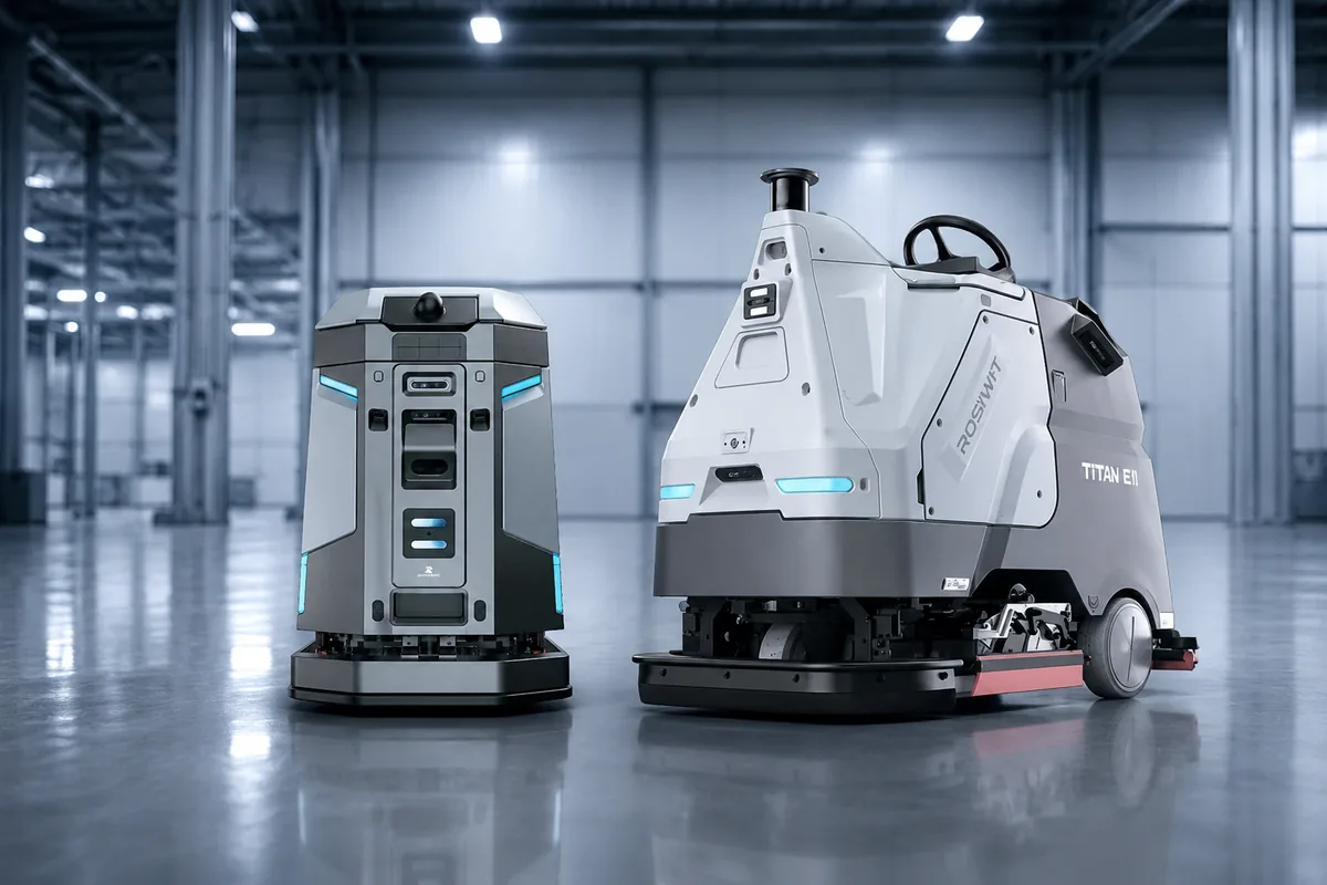 Autonóm takarítórobotok – Rosiwit Titan 810 és kompakt robot egy csarnokban